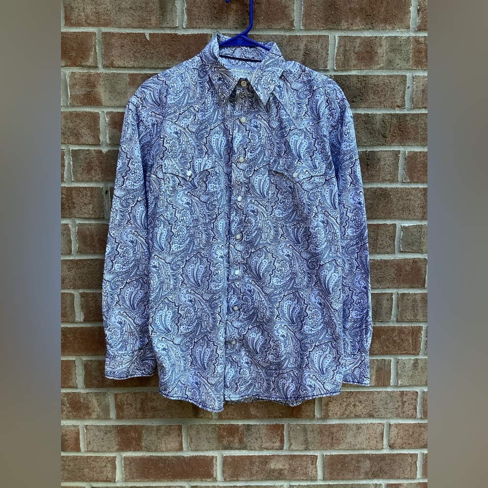 Men’s Panhandle Rough Stock Western Blue Paisley Shirt Pearl Snaps Size Medium